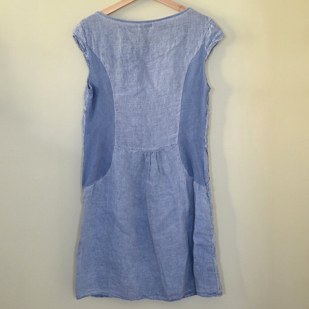 Lina Tomei Linen Dress XL Runs Small Blue Embroidered Pockets SS Linen Coastal - Picture 15 of 15